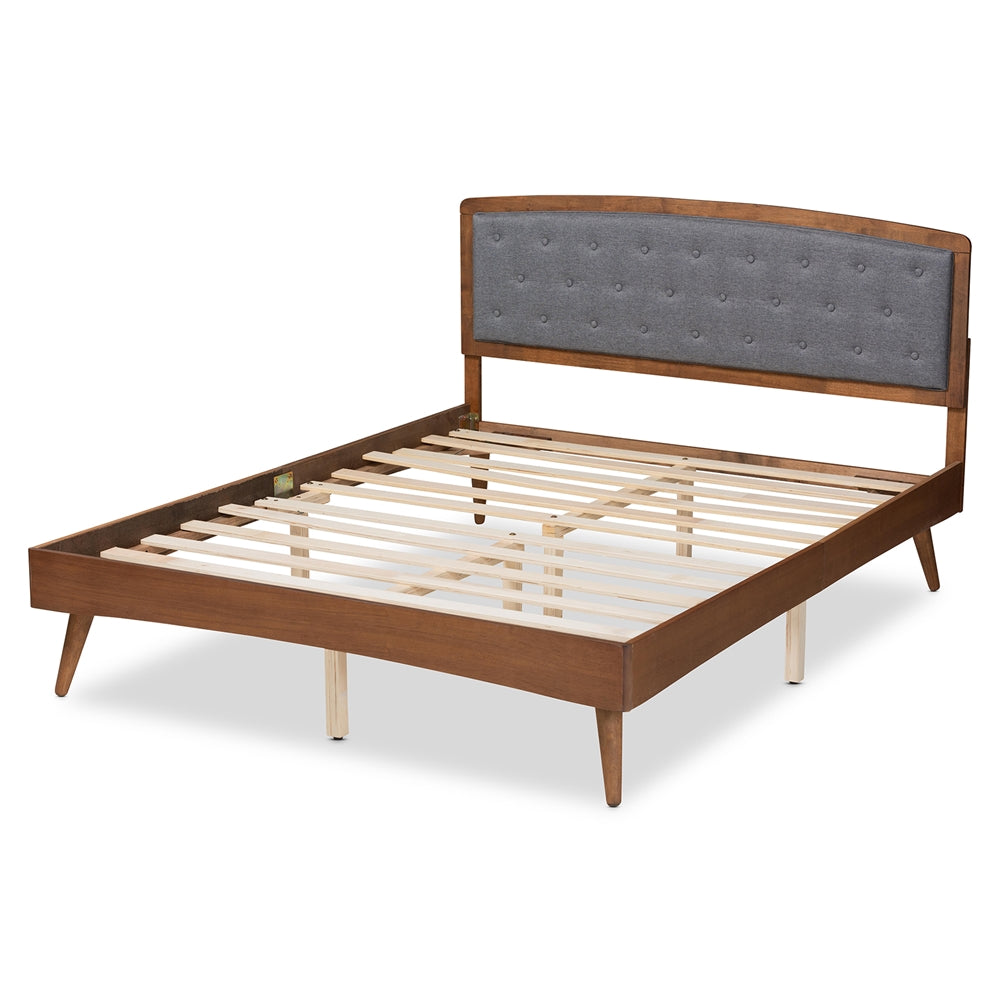 Ratana Grey Fabric Upholstered And Walnut Brown Finished Wood Full Size Platform Bed