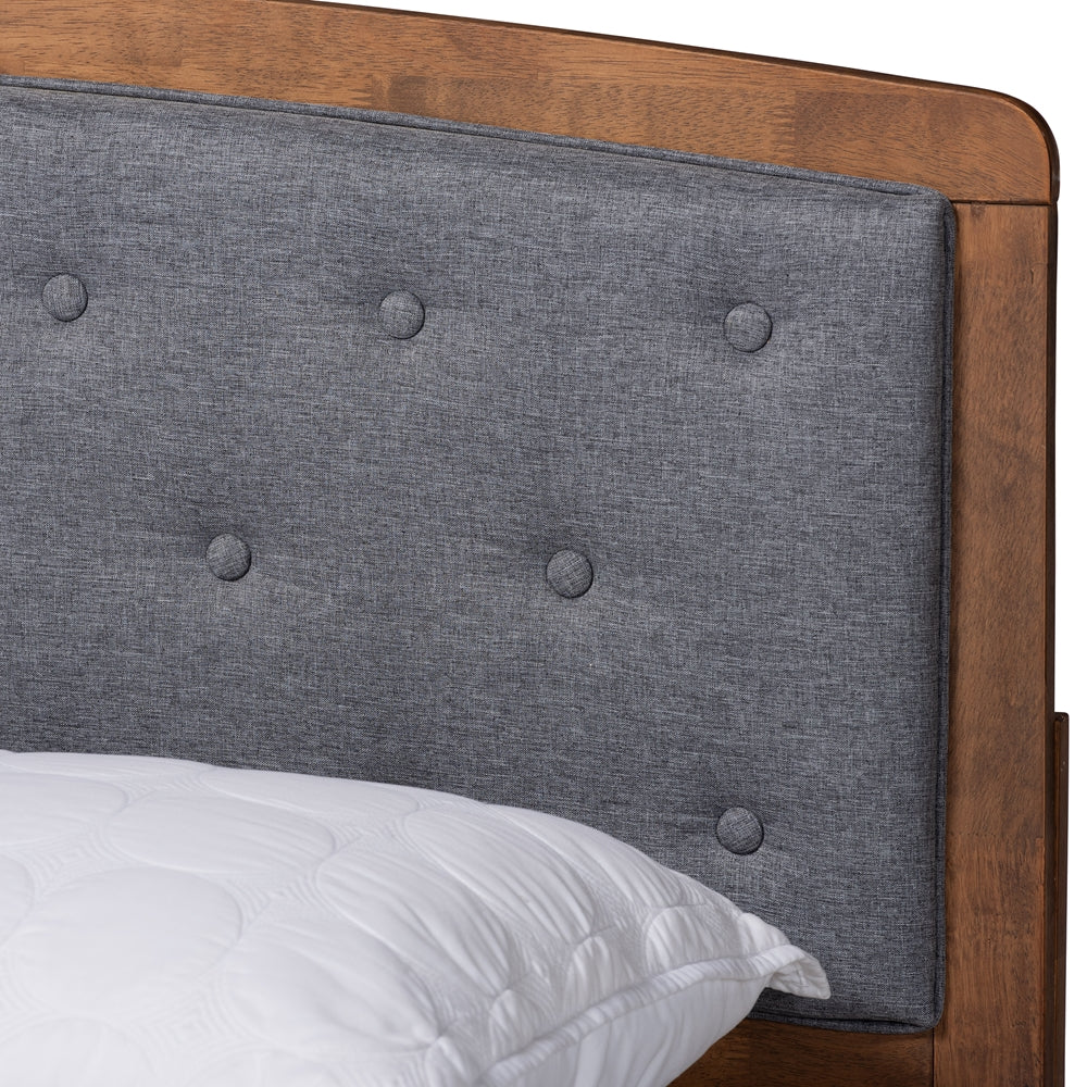 Ratana Grey Fabric Upholstered And Walnut Brown Finished Wood Full Size Platform Bed