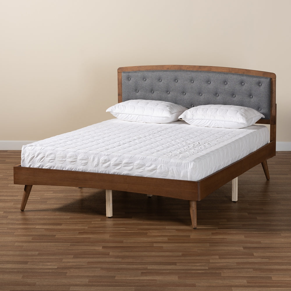 Ratana Grey Fabric Upholstered And Walnut Brown Finished Wood Full Size Platform Bed