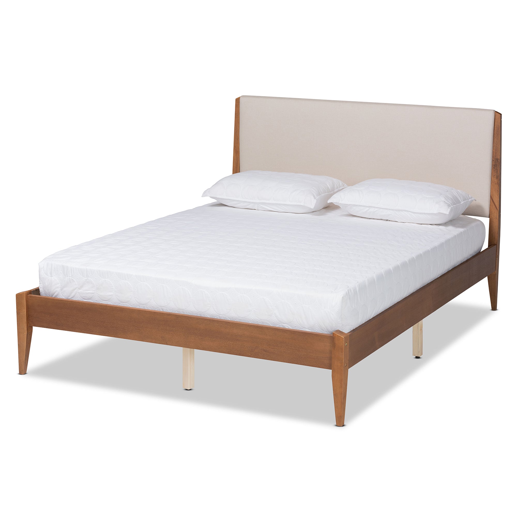 Beige Fabric And Walnut Brown Finished Wood Queen Size Platform Bed