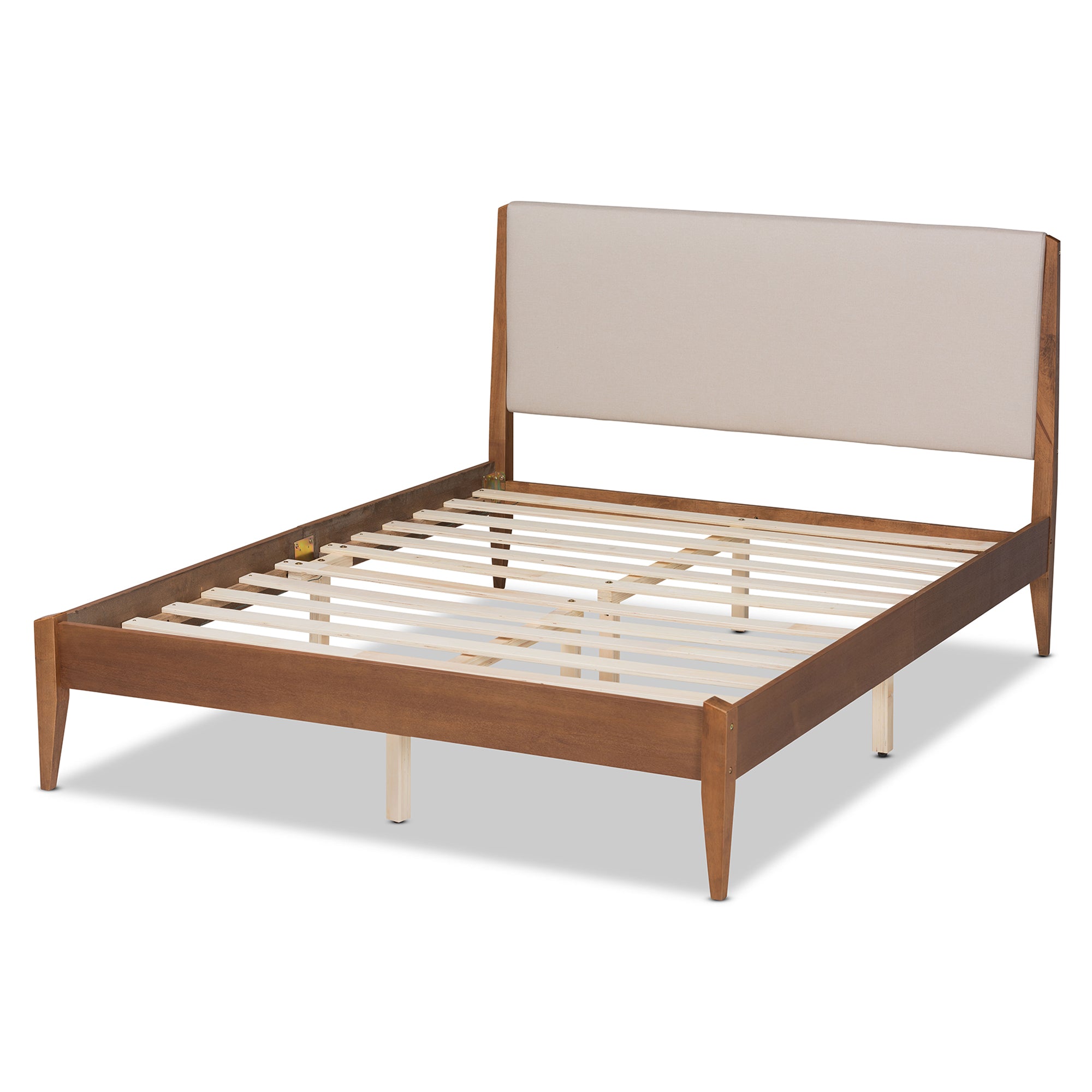 Beige Fabric And Walnut Brown Finished Wood Queen Size Platform Bed