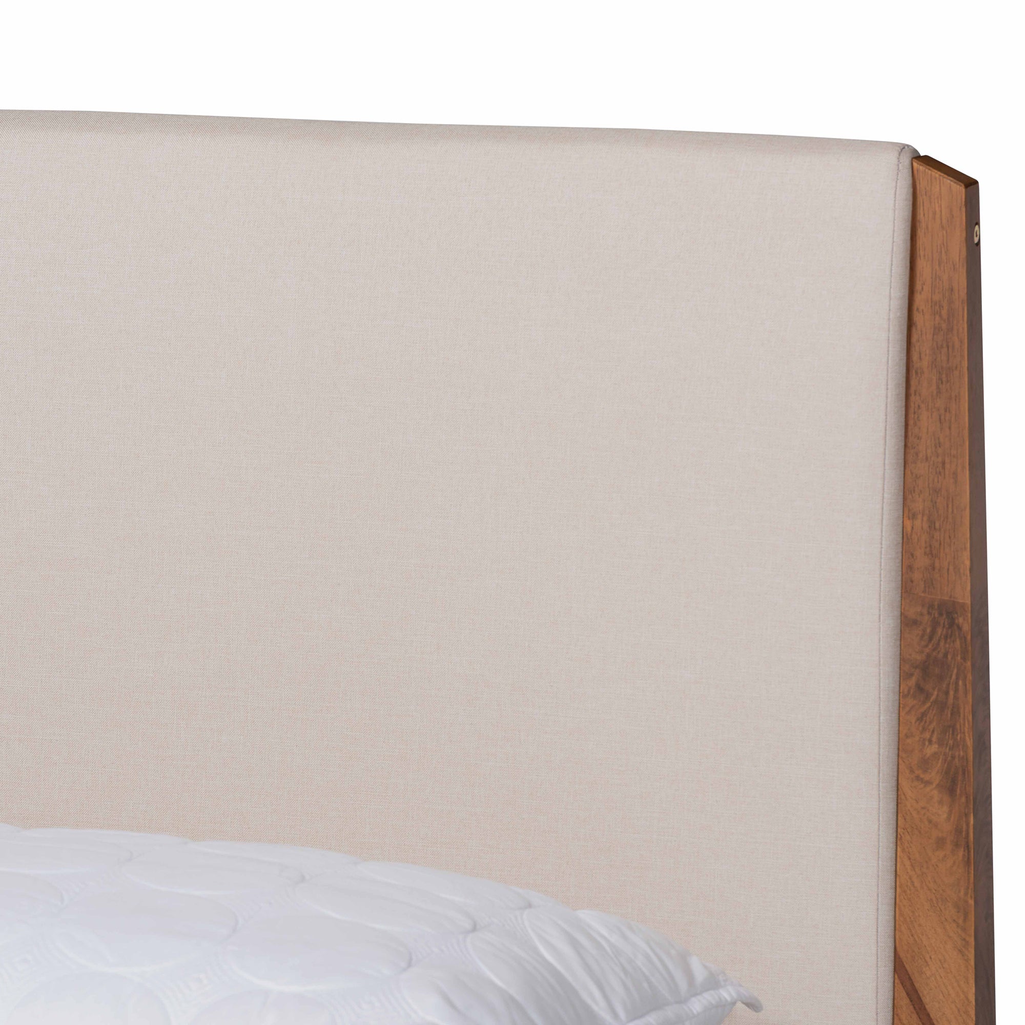 Beige Fabric And Walnut Brown Finished Wood Queen Size Platform Bed