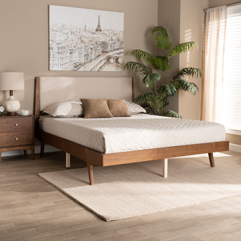 Senna Beige Fabric and Walnut Brown Finished Wood King Size Bed