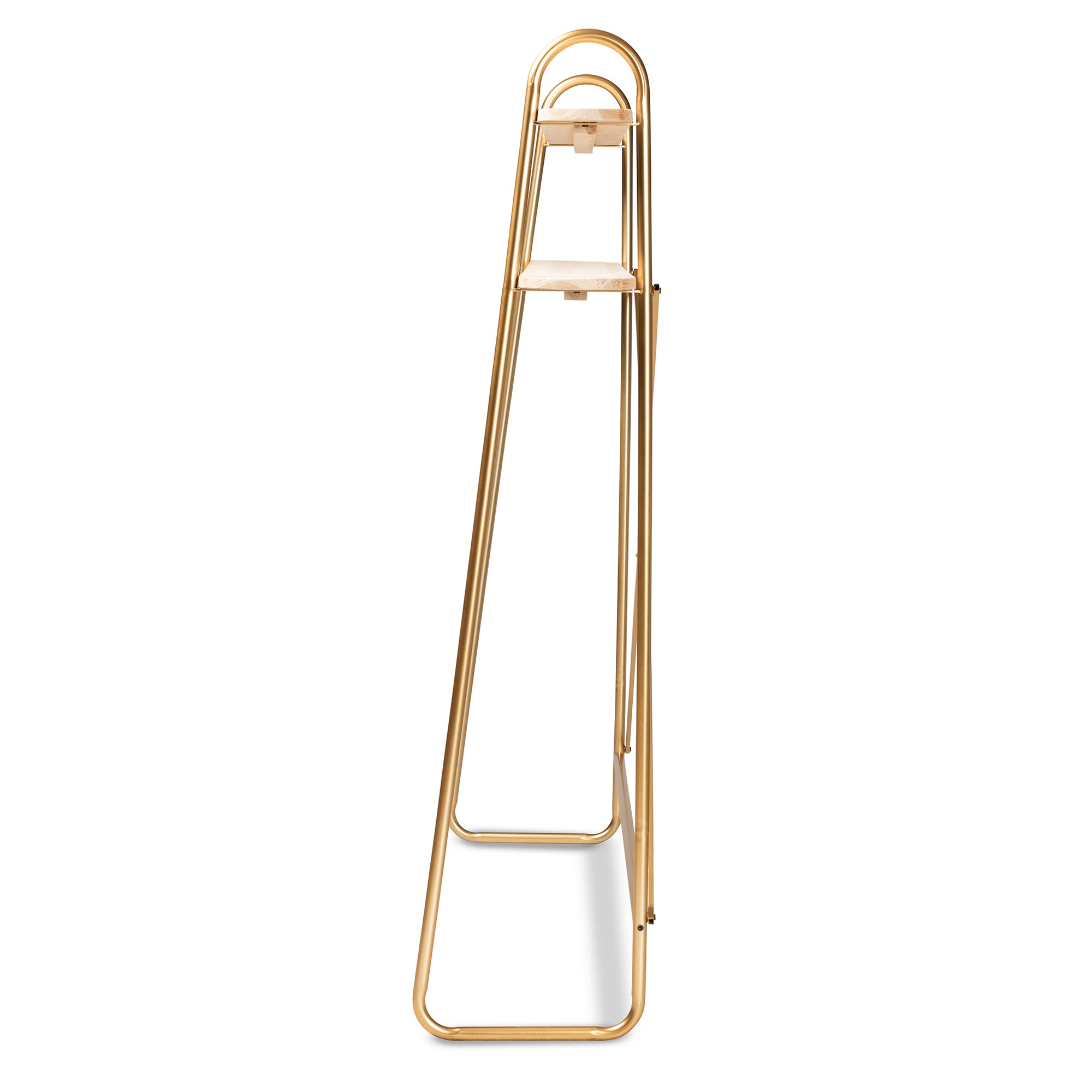 Merida  and  Brushed Gold Finished Metal and Natural Brown Finished Wood 2-Tier Over Bed Queen Size Storage Display Shelf