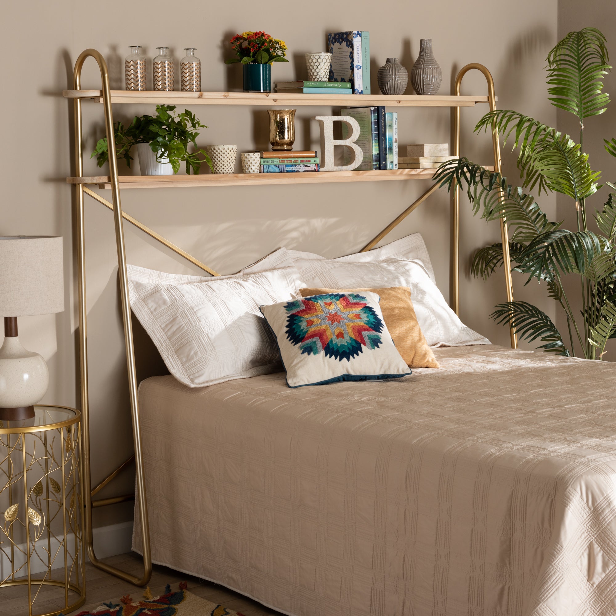Merida  and  Brushed Gold Finished Metal and Natural Brown Finished Wood 2-Tier Over Bed Queen Size Storage Display Shelf