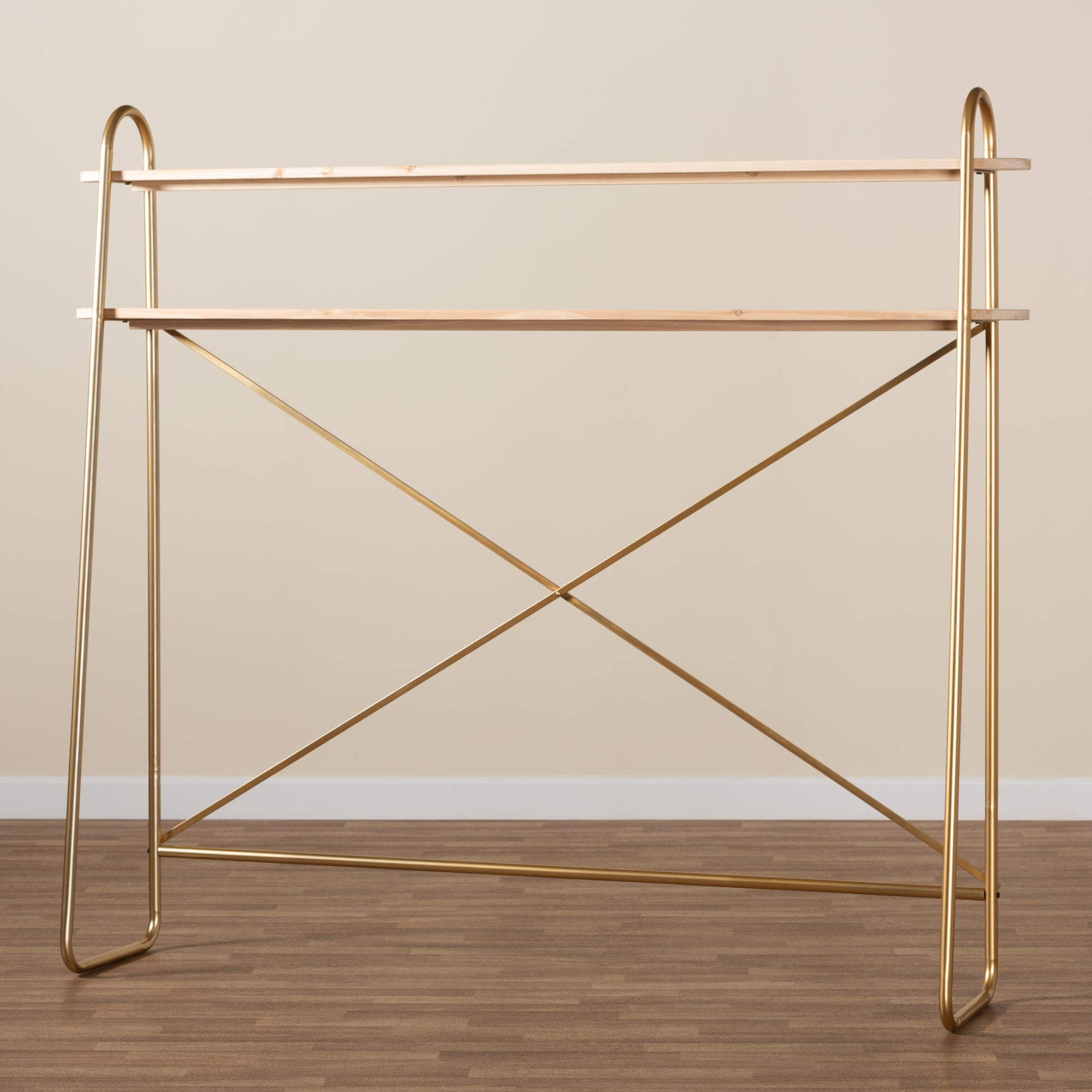 Merida  and  Brushed Gold Finished Metal and Natural Brown Finished Wood 2-Tier Over Bed Queen Size Storage Display Shelf
