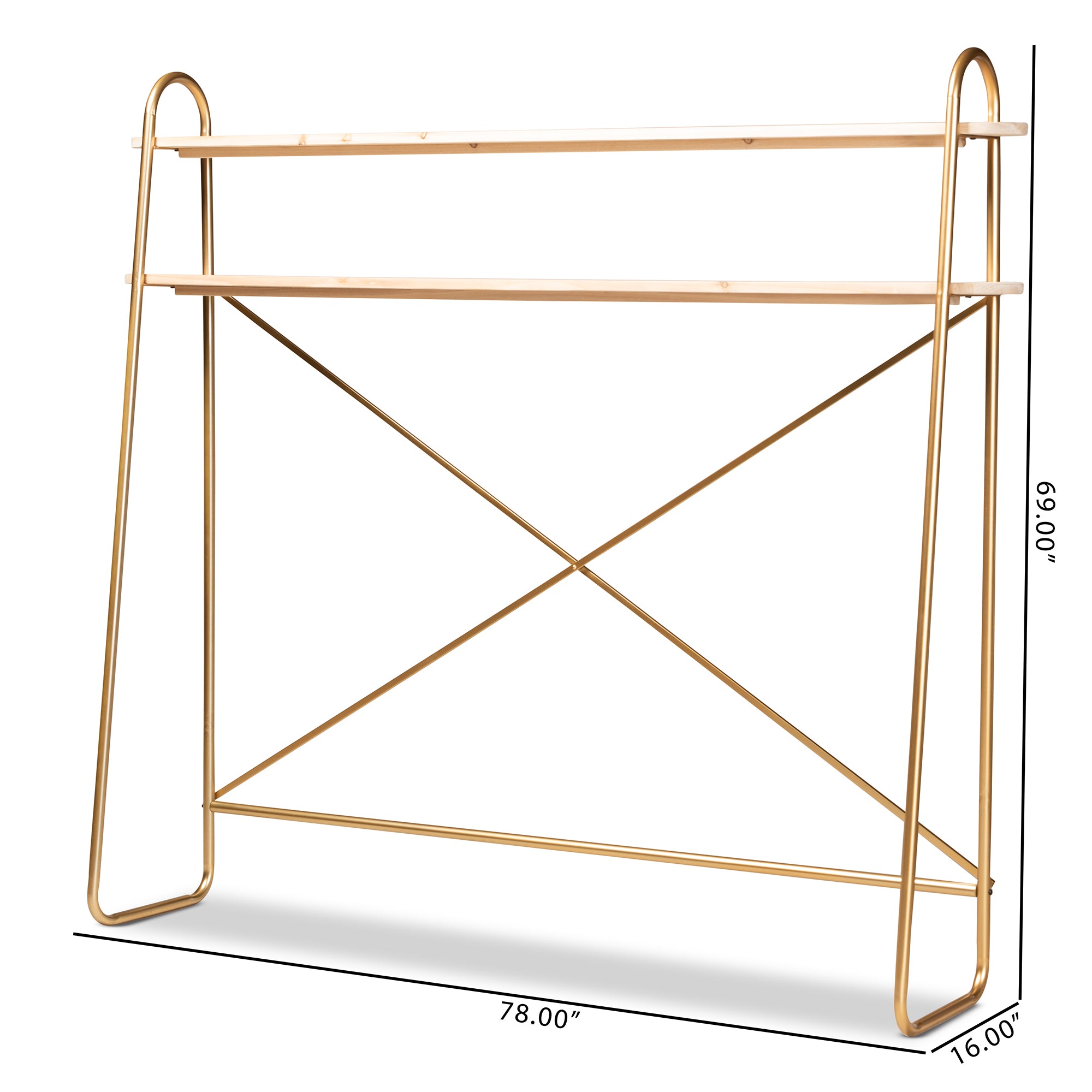 Merida  and  Brushed Gold Finished Metal and Natural Brown Finished Wood 2-Tier Over Bed Queen Size Storage Display Shelf