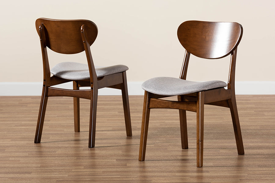 Katya Mid-Century Modern Grey Fabric Upholstered and Walnut Brown Finished Wood 2-Piece Dining Chair Set