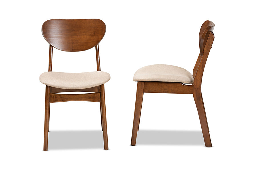 Katya Mid-Century Modern Sand Fabric Upholstered and Walnut Brown Finished Wood 2-Piece Dining Chair Set