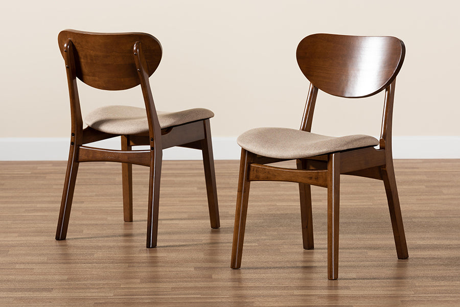 Katya Mid-Century Modern Sand Fabric Upholstered and Walnut Brown Finished Wood 2-Piece Dining Chair Set