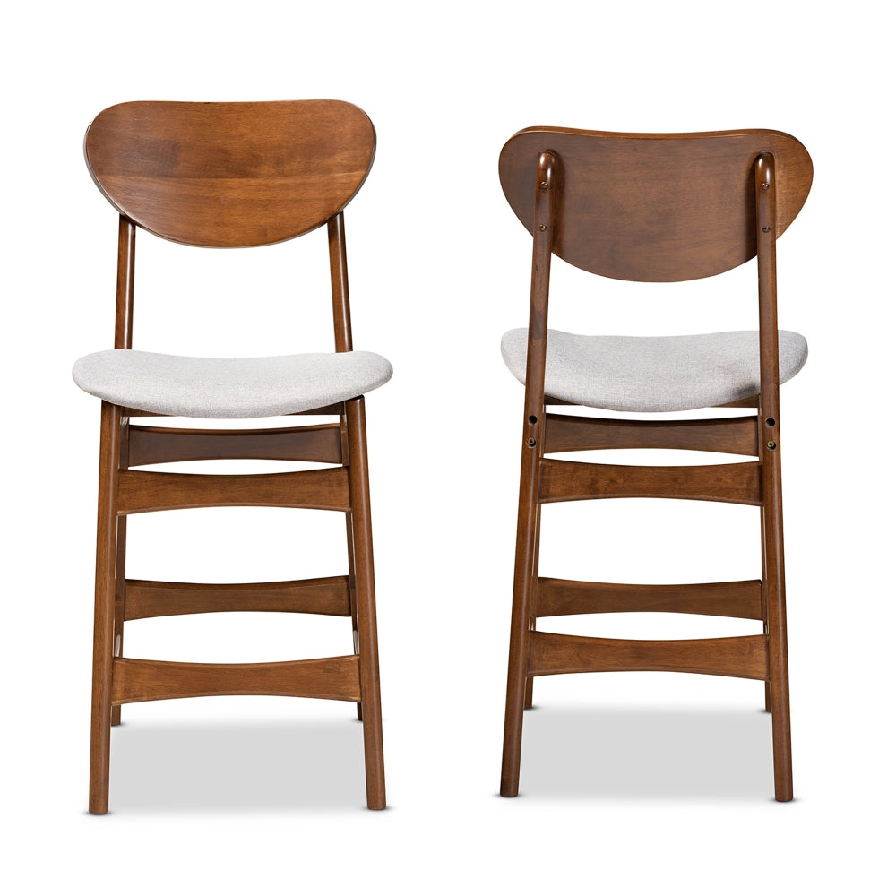Katya Mid-Century Modern Grey Fabric Upholstered and Walnut Brown Finished Wood 2-Piece Counter Stool Set