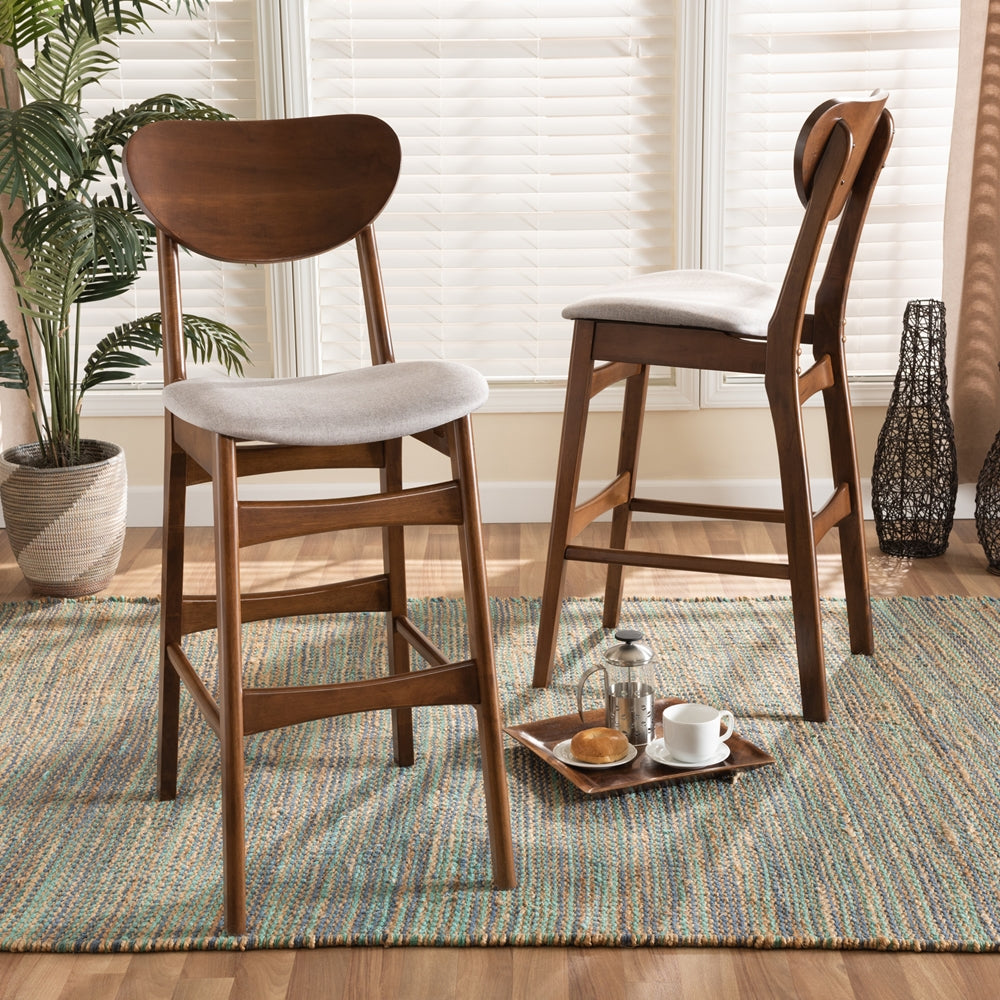Katya Mid-Century Modern Grey Fabric Upholstered and Walnut Brown Finished Wood 2-Piece Bar Stool Set