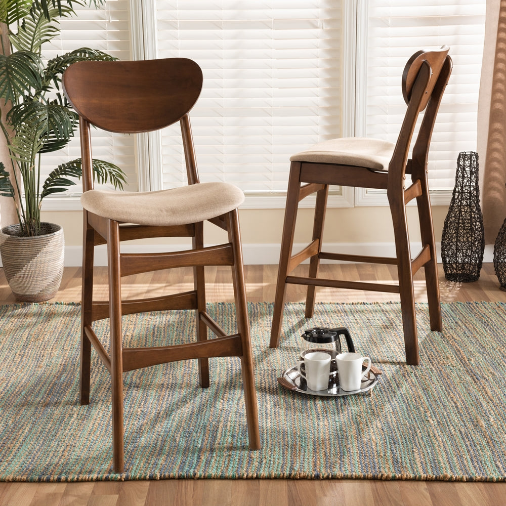 Katya Mid-Century Modern Sand Fabric Upholstered and Walnut Brown Finished Wood 2-Piece Bar Stool Set