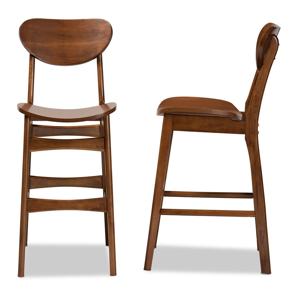 Katya Mid-Century Modern Walnut Brown Finished Wood 2-Piece Bar Stool Set
