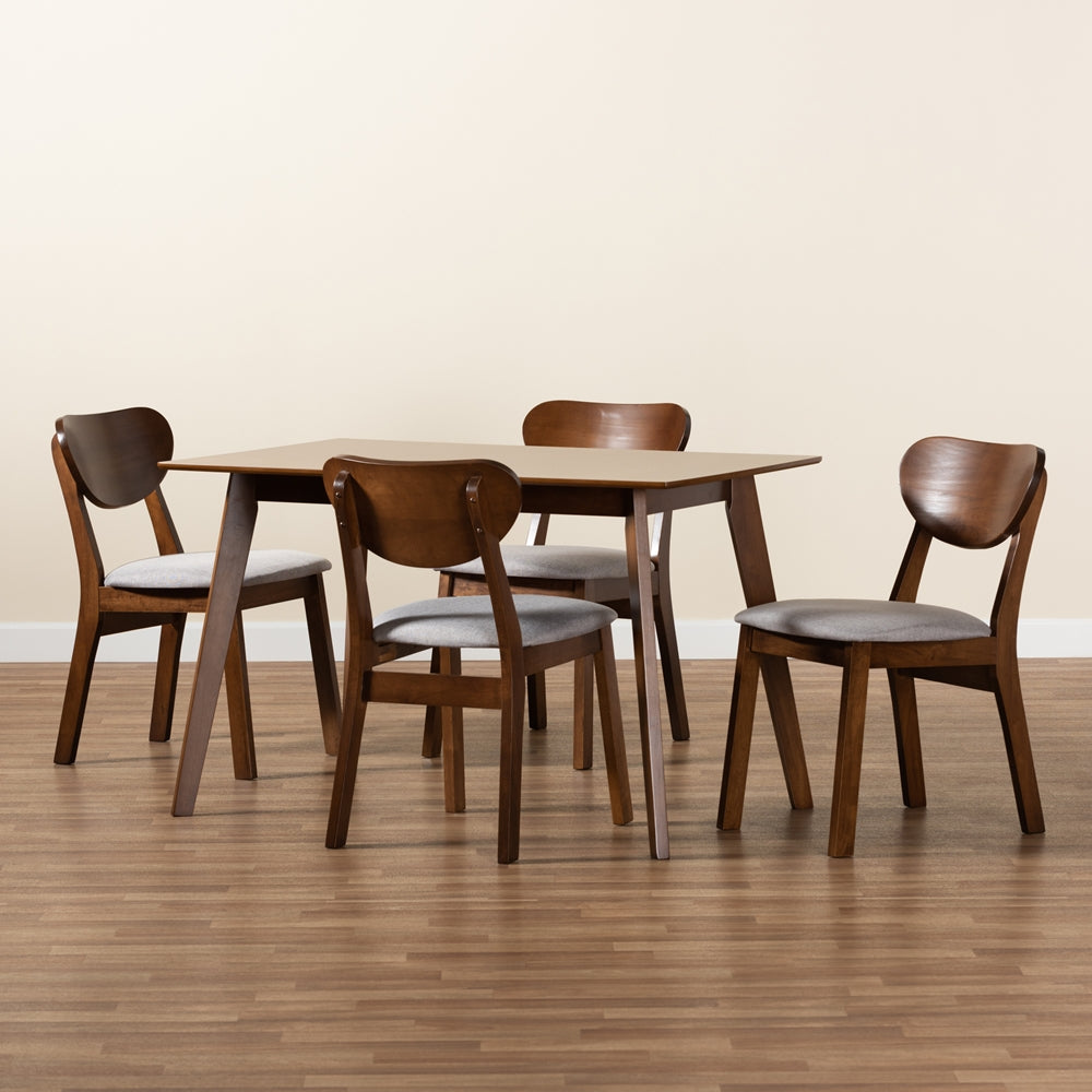 Damara Mid-Century Modern Grey Fabric Upholstered and Walnut Brown Finished Wood 5-Piece Dining Set