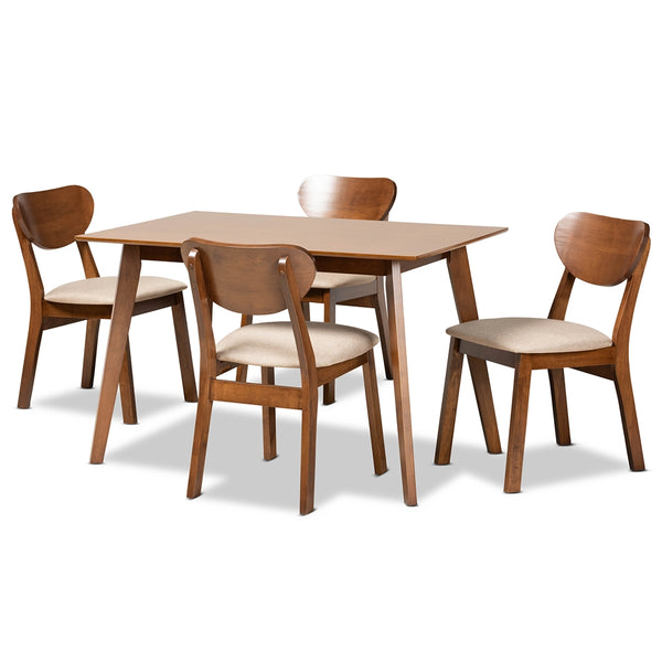 Damara Mid-Century Modern Sand Fabric Upholstered and Walnut Brown Finished Wood 5-Piece Dining Set