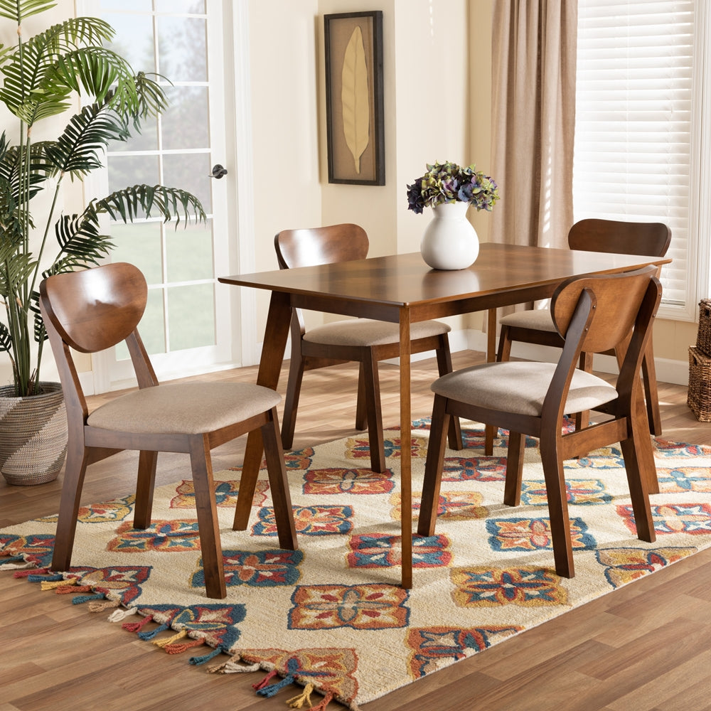 Damara Mid-Century Modern Sand Fabric Upholstered and Walnut Brown Finished Wood 5-Piece Dining Set
