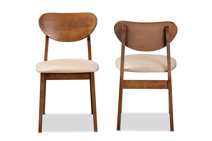Damara Mid-Century Modern Sand Fabric Upholstered and Walnut Brown Finished Wood 2-Piece Dining Chair Set