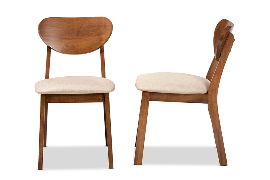 Damara Mid-Century Modern Sand Fabric Upholstered and Walnut Brown Finished Wood 2-Piece Dining Chair Set