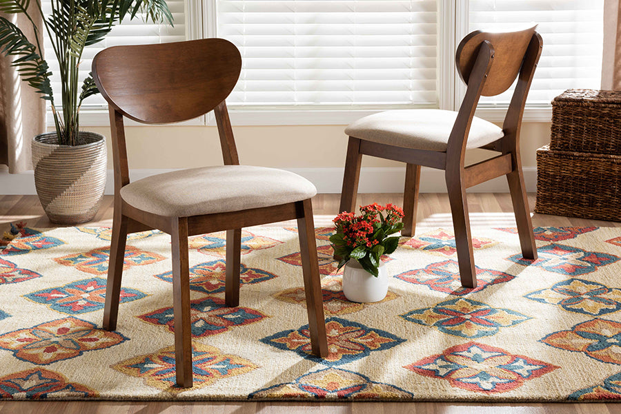Damara Mid-Century Modern Sand Fabric Upholstered and Walnut Brown Finished Wood 2-Piece Dining Chair Set