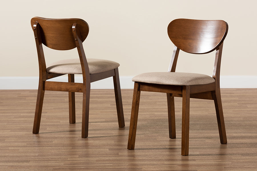 Damara Mid-Century Modern Sand Fabric Upholstered and Walnut Brown Finished Wood 2-Piece Dining Chair Set