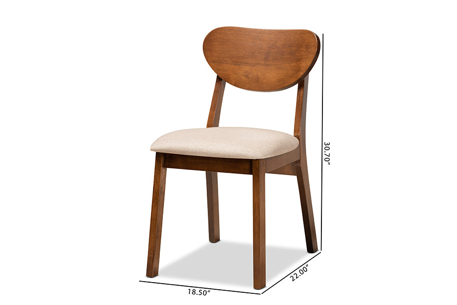 Damara Mid-Century Modern Sand Fabric Upholstered and Walnut Brown Finished Wood 2-Piece Dining Chair Set