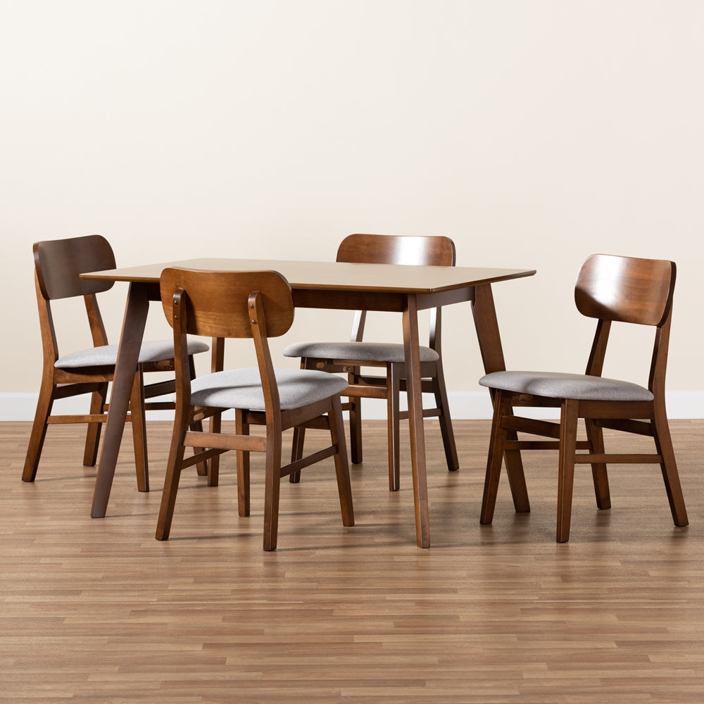 Euclid Mid-Century Modern Grey Fabric Upholstered and Walnut Brown Finished Wood 5-Piece Dining Set