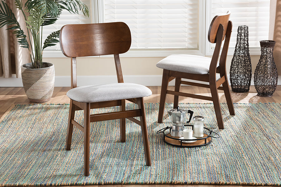 Euclid Mid-Century Modern Grey Fabric Upholstered and Walnut Brown Finished Wood 2-Piece Dining Chair Set