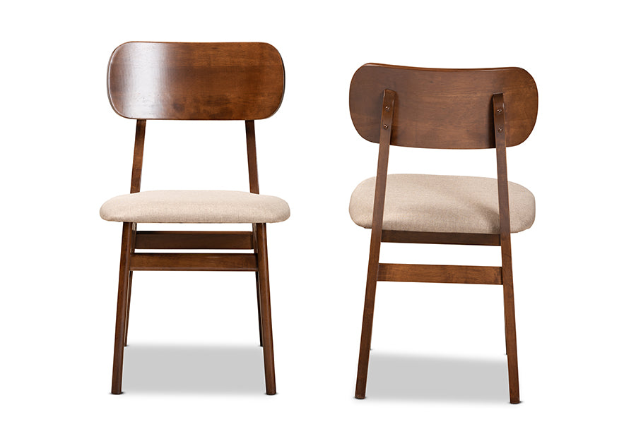 Euclid Mid-Century Modern Sand Fabric Upholstered and Walnut Brown Finished Wood 2-Piece Dining Chair Set