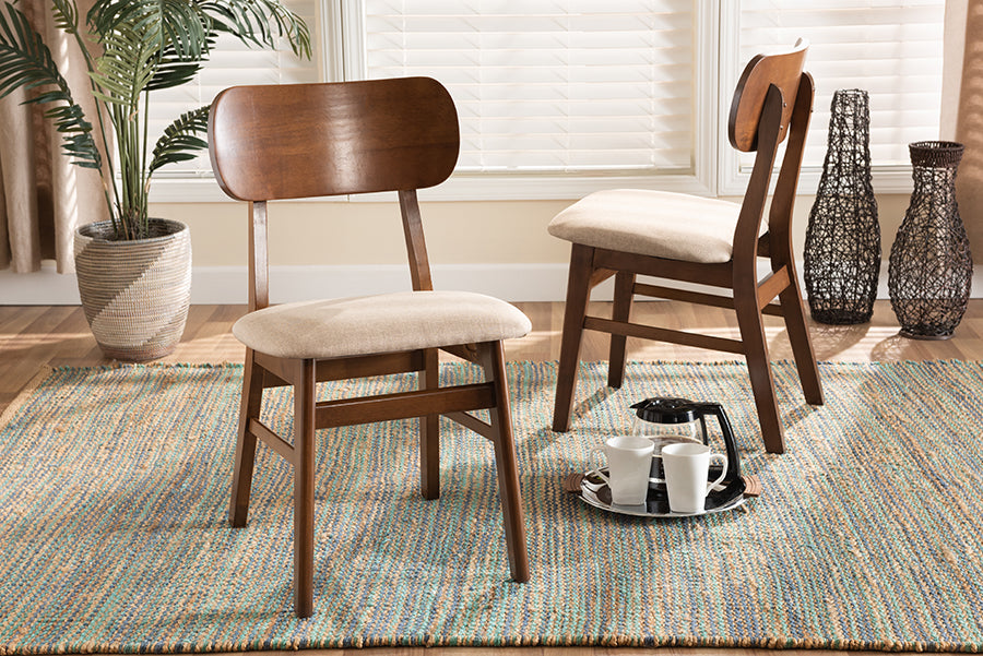 Euclid Mid-Century Modern Sand Fabric Upholstered and Walnut Brown Finished Wood 2-Piece Dining Chair Set