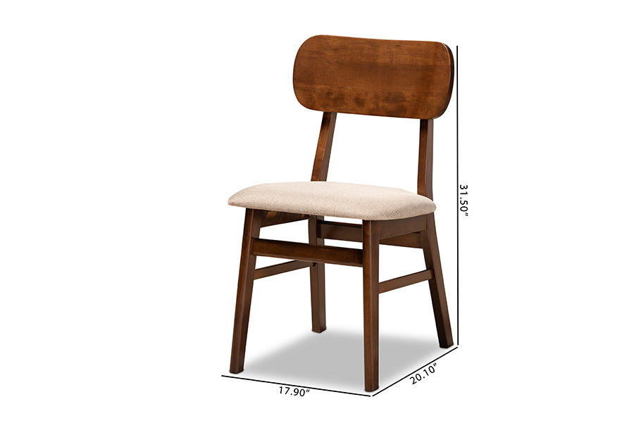 Euclid Mid-Century Modern Sand Fabric Upholstered and Walnut Brown Finished Wood 2-Piece Dining Chair Set