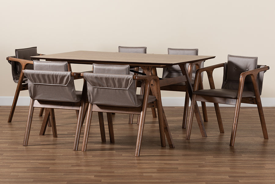 Marcena Mid-Century Modern Grey Imitation Leather Upholstered and Walnut Brown Finished Wood 7-Piece Dining Set