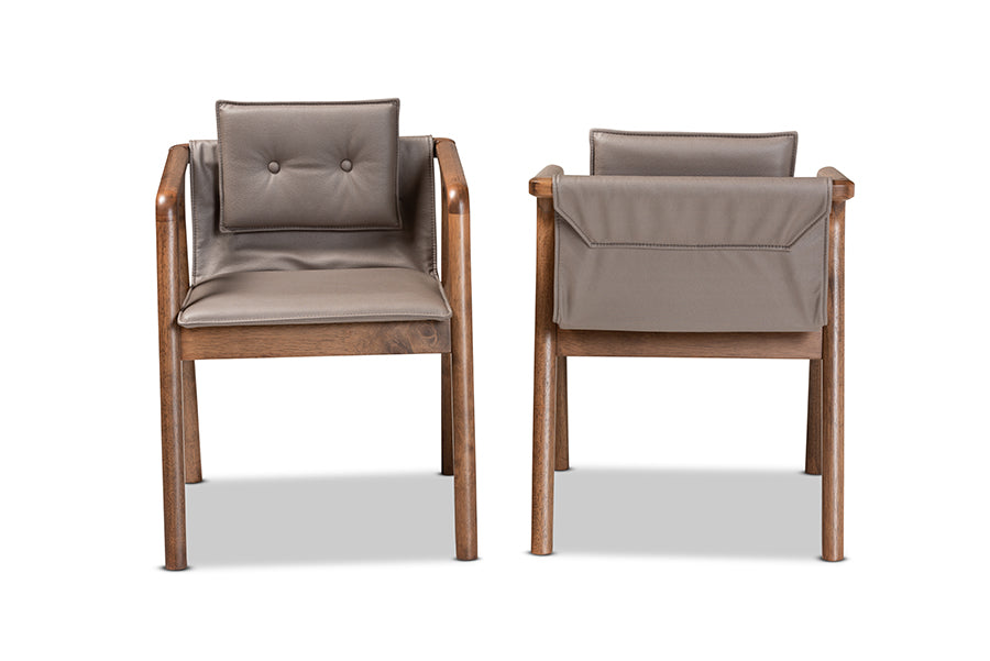 Marcena Mid-Century Modern Grey Imitation Leather Upholstered and Walnut Brown Finished Wood 2-Piece Dining Chair Set