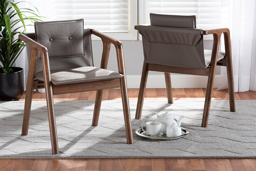 Marcena Mid-Century Modern Grey Imitation Leather Upholstered and Walnut Brown Finished Wood 2-Piece Dining Chair Set