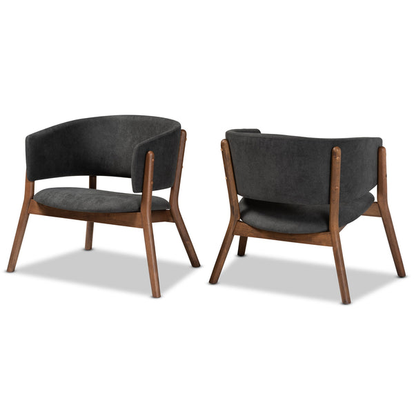 Baron Mid-Century Modern Dark Grey Fabric Upholstered and Walnut Brown Finished Wood 2-Piece Living Room Accent Chair Set