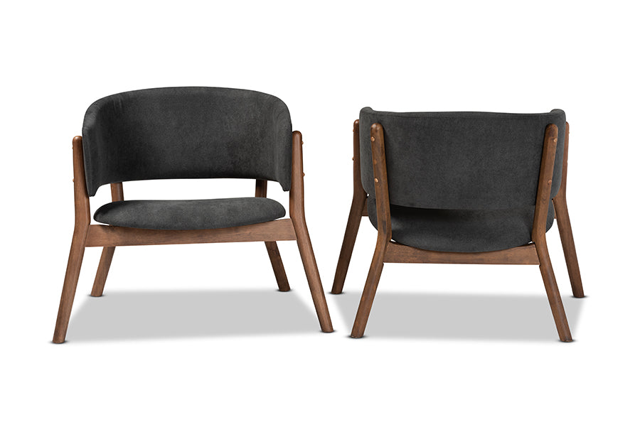 Baron Mid-Century Modern Dark Grey Fabric Upholstered and Walnut Brown Finished Wood 2-Piece Living Room Accent Chair Set