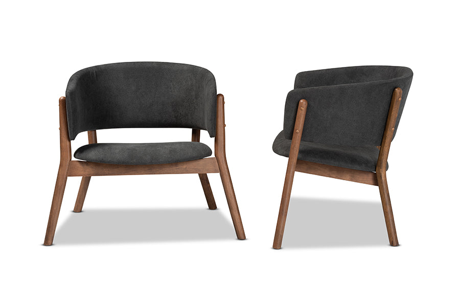 Baron Mid-Century Modern Dark Grey Fabric Upholstered and Walnut Brown Finished Wood 2-Piece Living Room Accent Chair Set