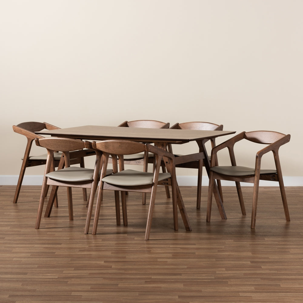 Harland Mid-Century Modern Grey Faux Leather Upholstered and Walnut Brown Finished Wood 7-Piece Dining Set