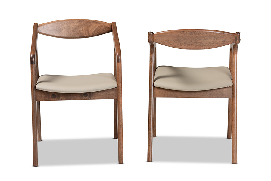 Harland Mid-Century Modern Grey Faux Leather Upholstered and Walnut Brown Finished Wood 2-Piece Dining Chair Set