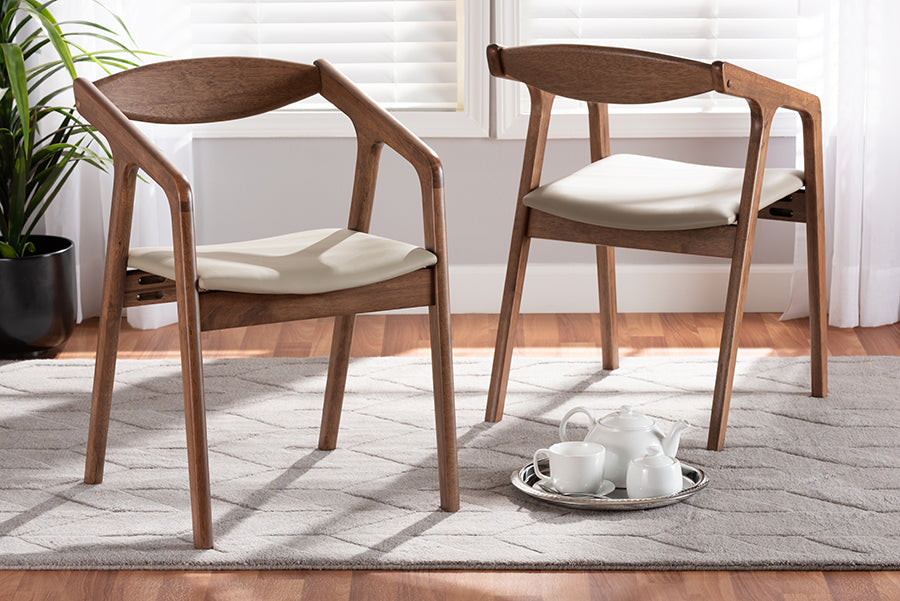 Harland Mid-Century Modern Grey Faux Leather Upholstered and Walnut Brown Finished Wood 2-Piece Dining Chair Set