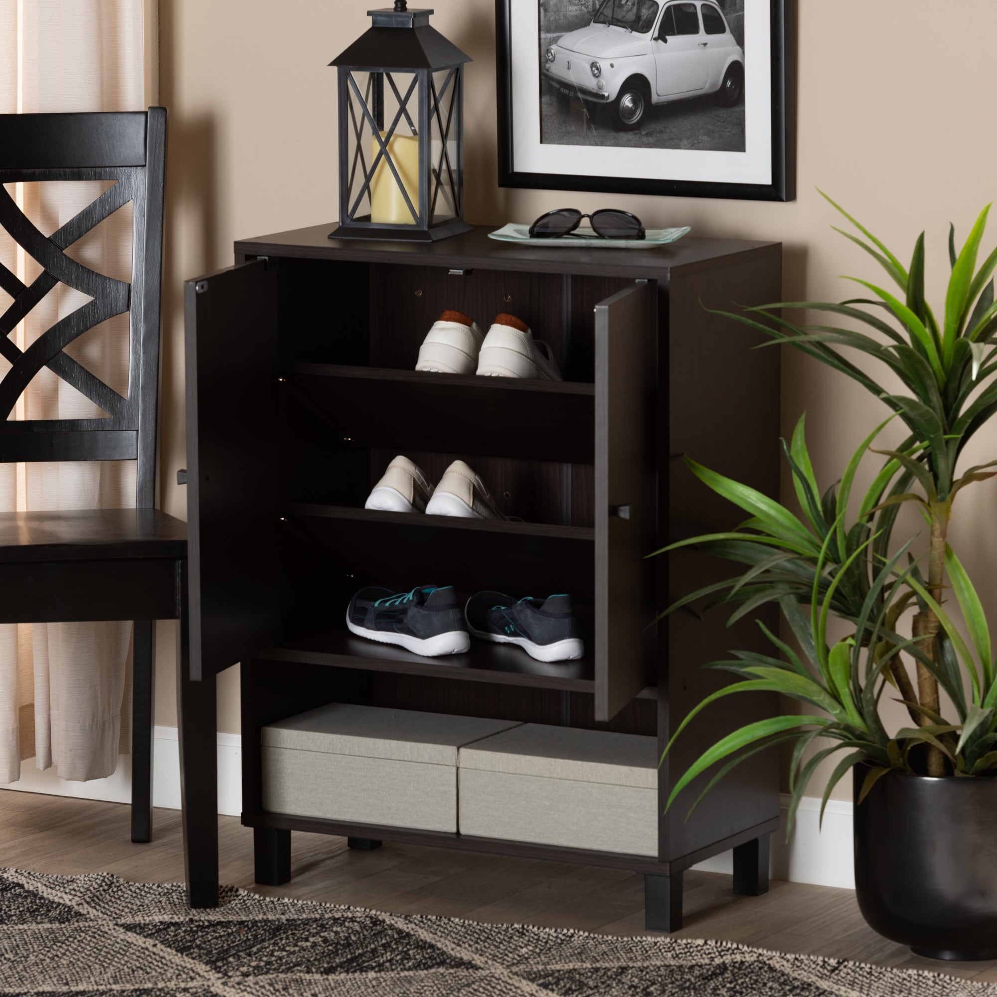 Rossin Modern and Contemporary Dark Brown Finished Wood 2-Door Entryway Shoe Storage Cabinet with Bottom Shelf