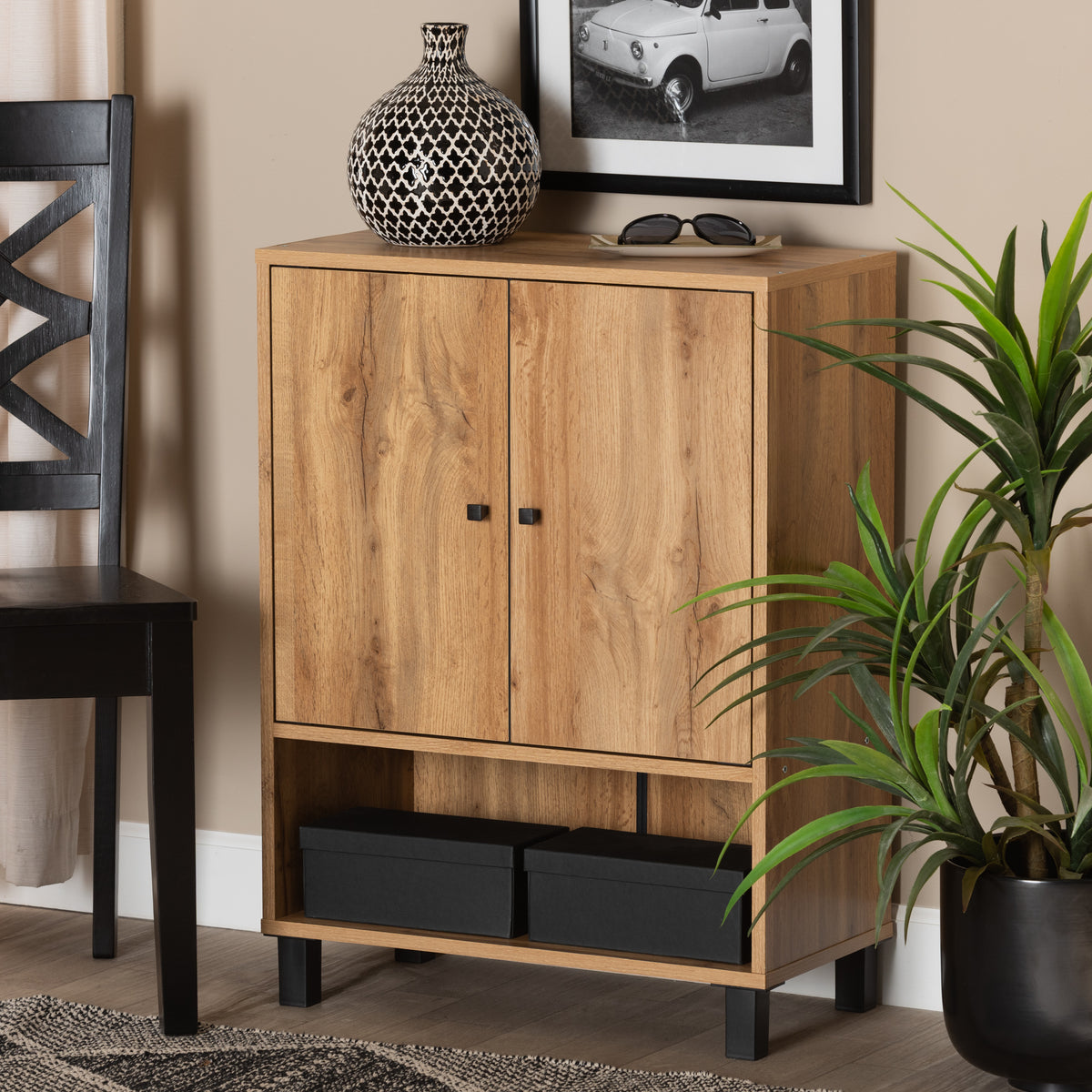 Rossin Modern and Contemporary Oak Brown Finished Wood 2-Door Entryway Shoe Storage Cabinet with Bottom Shelf
