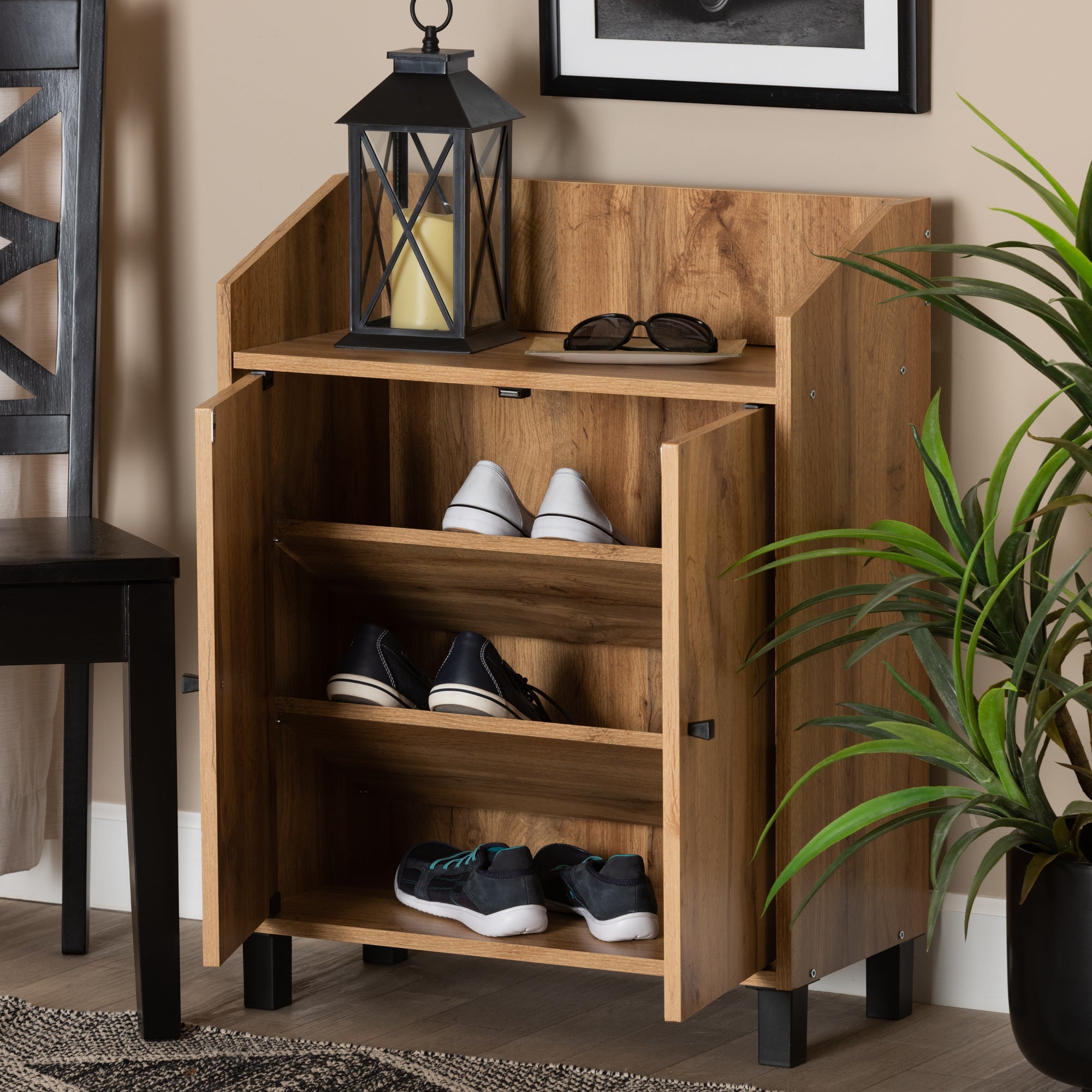 Rossin Modern and Contemporary Oak Brown Finished Wood 2-Door Entryway Shoe Storage Cabinet with Top Shelf