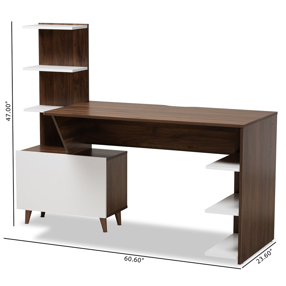 Tobias Mid-Century Modern Two-Tone White and Walnut Brown Finished Wood Storage Computer Desk with Shelves