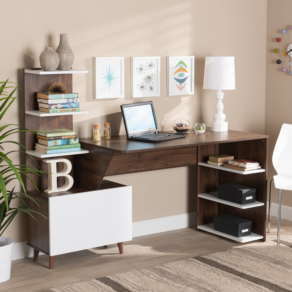 Tobias Mid-Century Modern Two-Tone White and Walnut Brown Finished Wood Storage Computer Desk with Shelves