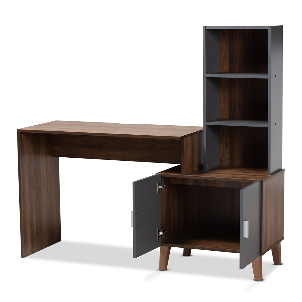Jaeger Modern and Contemporary Two-Tone Walnut Brown and Dark Grey Finished Wood Storage Desk with Shelves