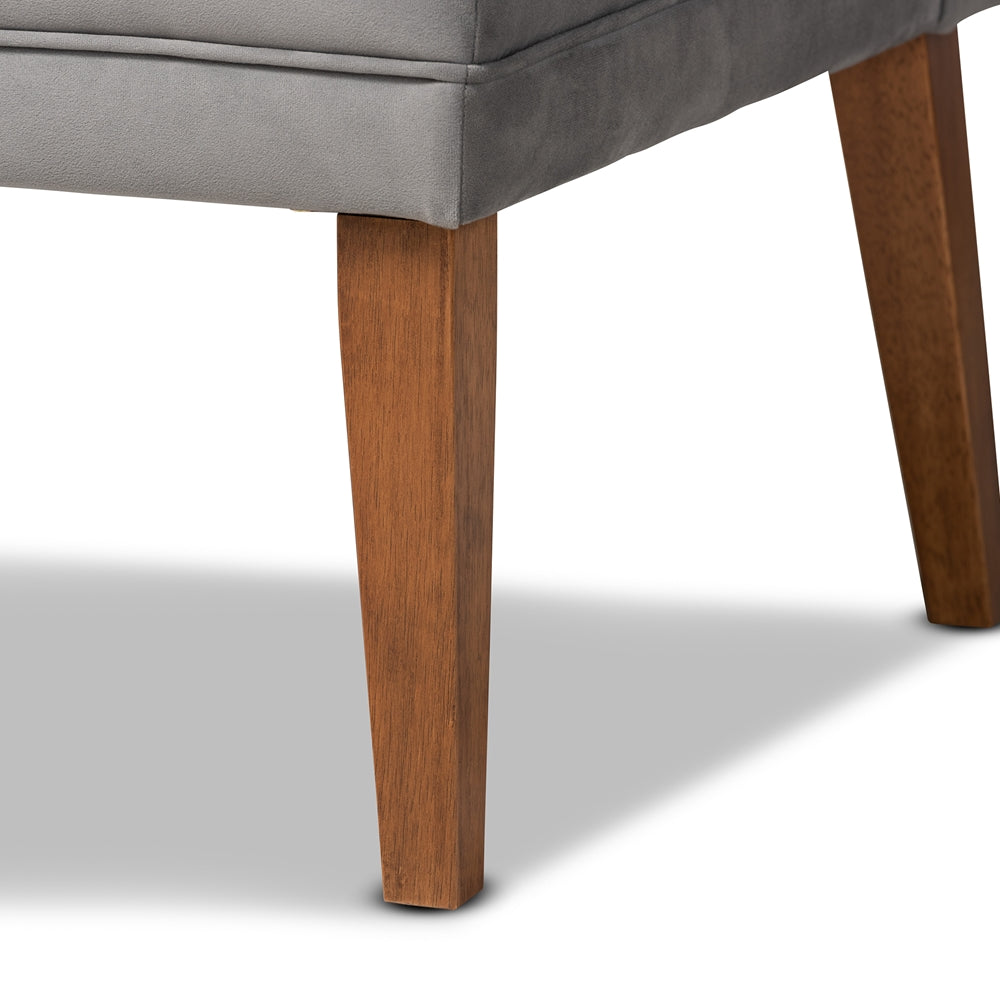 Stewart Mid-Century Modern Grey Velvet Upholstered and Walnut Brown Finished Wood 2-Piece Dining Nook Banquette Set