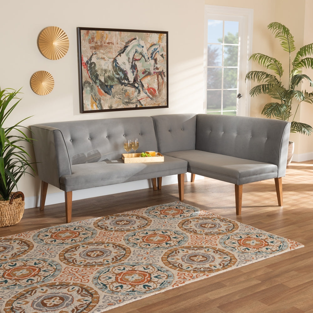Stewart Mid-Century Modern Grey Velvet Upholstered and Walnut Brown Finished Wood 2-Piece Dining Nook Banquette Set