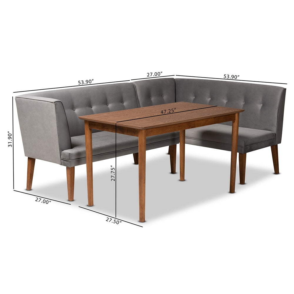 Stewart Mid-Century Modern Grey Velvet Upholstered and Walnut Brown Finished Wood 3-Piece Dining Nook Set