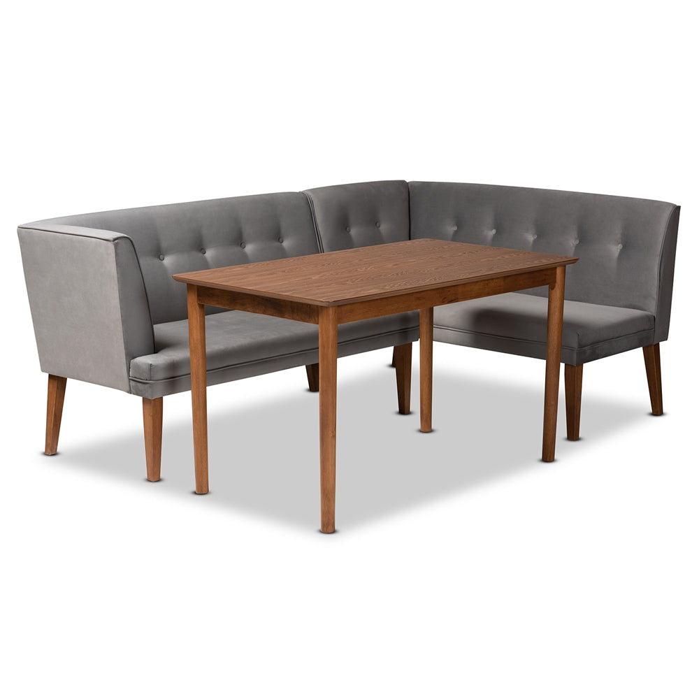 Stewart Mid-Century Modern Grey Velvet Upholstered and Walnut Brown Finished Wood 3-Piece Dining Nook Set